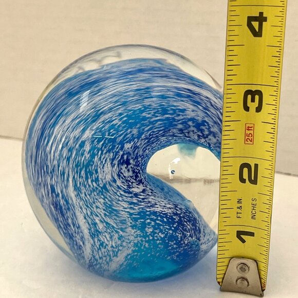 Blue Ocean Wave Design Art Glass Paperweight Sea Beach Sculpture Orb Sphere READ - Picture 6 of 10